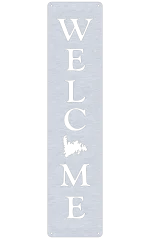 Vertical aluminum wall sign with the word 'WELCOME' in large black letters. The letter 'O' is replaced by a detailed map of Newfoundland. The brushed metal texture background and mounting holes at each corner add a sleek touch.